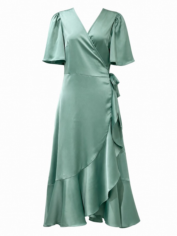 【新品DRESS 4322】カシュクールラップミモレ丈フレアミディアムドレス グリーン【Y・A・S】